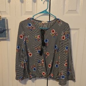Striped Floral Blouse with Tassel Tie